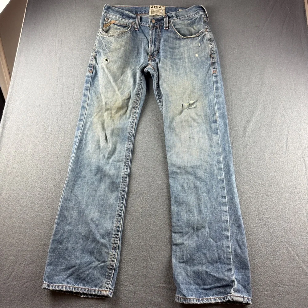 Ariat M4 Jeans Mens 32x34 (Fits 34x34) Blue Relaxed Boot Cut Distressed Workwear